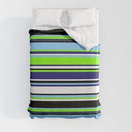 [ Thumbnail: Colorful Light Sky Blue, Chartreuse, Midnight Blue, White & Black Colored Striped/Lined Pattern Duvet Cover ]