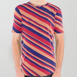 [ Thumbnail: Light Salmon, Midnight Blue & Crimson Colored Lines/Stripes Pattern All Over Graphic Tee ]