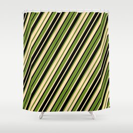[ Thumbnail: Green, Tan & Black Colored Stripes/Lines Pattern Shower Curtain ]