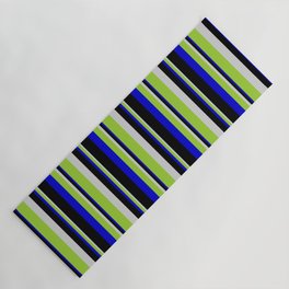 [ Thumbnail: Light Grey, Green, Blue & Black Colored Lined Pattern Yoga Mat ]