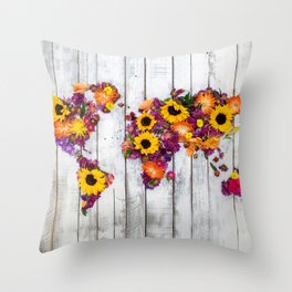 French Floral Bouquet on Rustic Upcycled Palette Wood World Map Art Throw Pillow