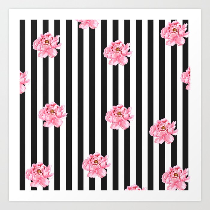 Girly Modern Pink Black White Floral Drawings Wrapping Paper