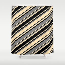 [ Thumbnail: Black, Grey & Beige Colored Striped Pattern Shower Curtain ]
