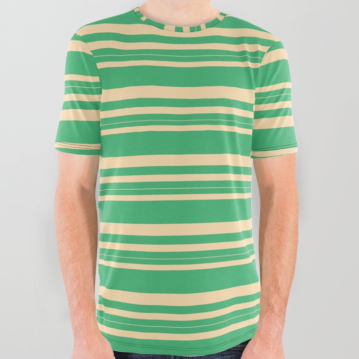Sea Green and Tan Colored Lined/Striped Pattern All Over Graphic Tee