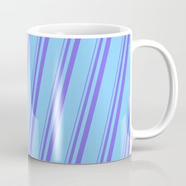 [ Thumbnail: Medium Slate Blue & Light Sky Blue Colored Stripes Pattern Coffee Mug ]