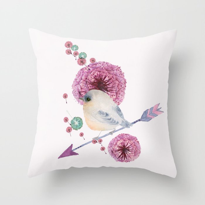 Cute Bird and Dandelion Throw Pillow