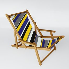 [ Thumbnail: Eyecatching Dim Grey, Mint Cream, Black, Yellow, and Midnight Blue Colored Stripes Pattern Sling Chair ]