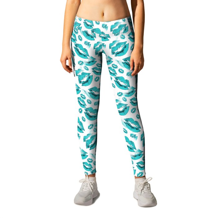 Two Kisses Collided Turquoise Lips Pattern On White Background Leggings