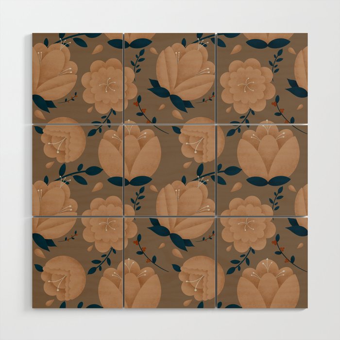 Gold and Navy Romantic Flower Pattern Wood Wall Art