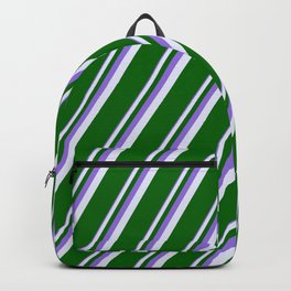 [ Thumbnail: Purple, Lavender & Dark Green Colored Pattern of Stripes Backpack ]