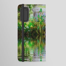 Water lily pond mirror reflection with bridge French garden floral landscape painting by Claude Monet Android Wallet Case