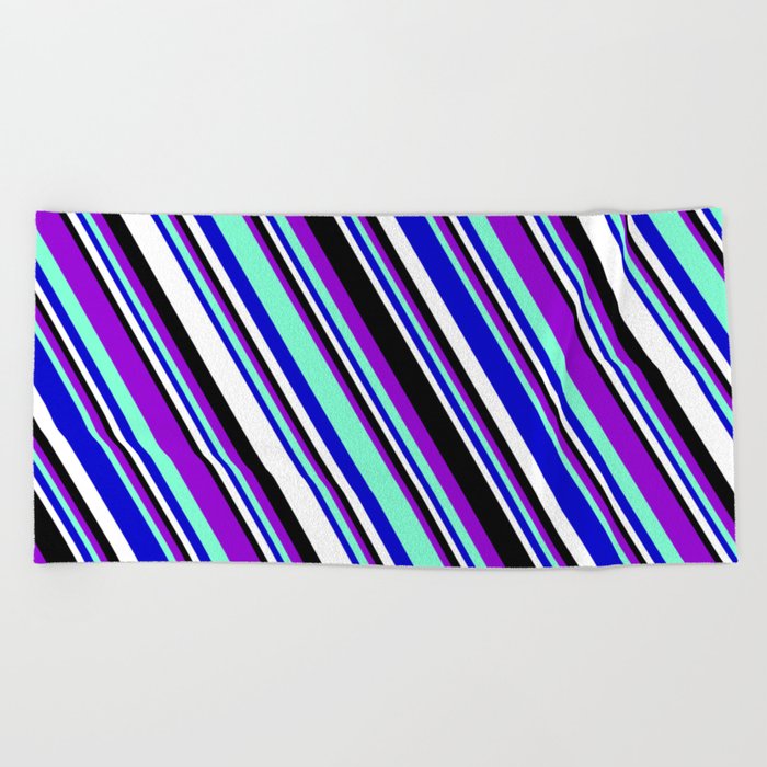 Vibrant Dark Violet, Aquamarine, Blue, White, and Black Colored Striped/Lined Pattern Beach Towel