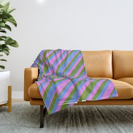 [ Thumbnail: Green, Cornflower Blue & Violet Colored Striped Pattern Throw Blanket ]