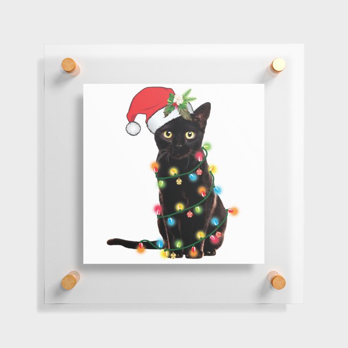 Santa Black Cat Tangled Up In Lights Christmas Santa Graphic Floating Acrylic Print