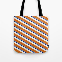 [ Thumbnail: Turquoise, Blue, Beige, and Chocolate Colored Lined/Striped Pattern Tote Bag ]