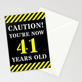[ Thumbnail: 41st Birthday - Warning Stripes and Stencil Style Text Stationery Cards ]