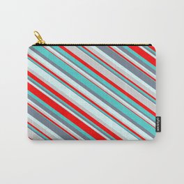 [ Thumbnail: Colorful Light Grey, Red, Turquoise, Slate Gray & Light Cyan Colored Pattern of Stripes Carry-All Pouch ]