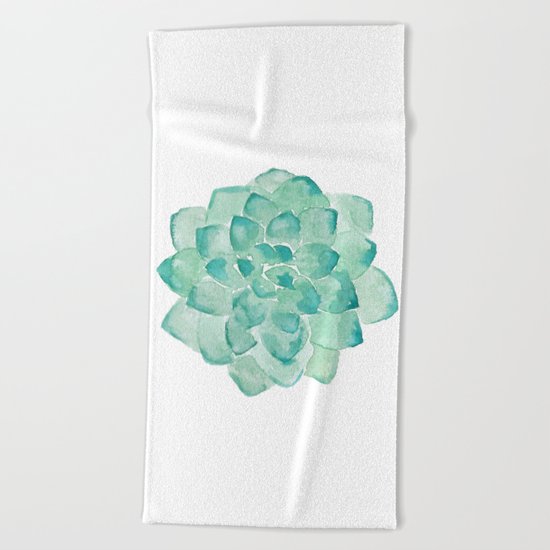 Watercolor Succulent print in seafoam green Beach Towel