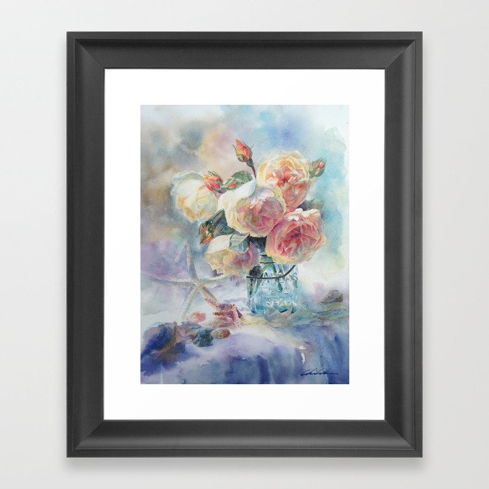 Elegant Yellow Roses and Seashells Framed Art Print