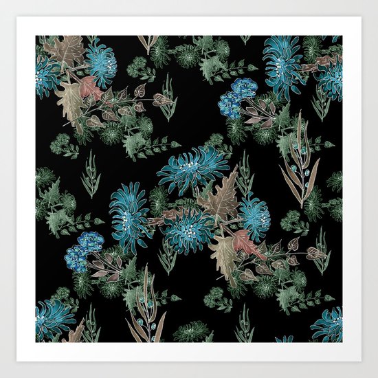Blue chrysanthemums. Black . Watercolor . Art Print