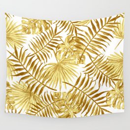 Golden tropical leaves pattern Wall Tapestry