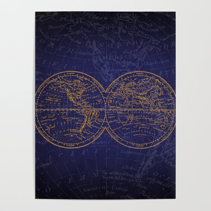 Antique Navigation World Map in Blue and Gold Poster