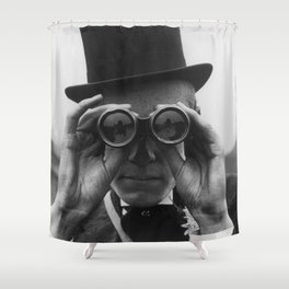 Derby Spectator watching ponies with opera glasses black and white photograph - photography - photographs Shower Curtain