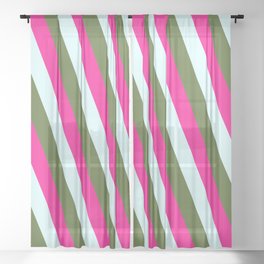 [ Thumbnail: Light Cyan, Dark Olive Green, and Deep Pink Colored Lines/Stripes Pattern Sheer Curtain ]