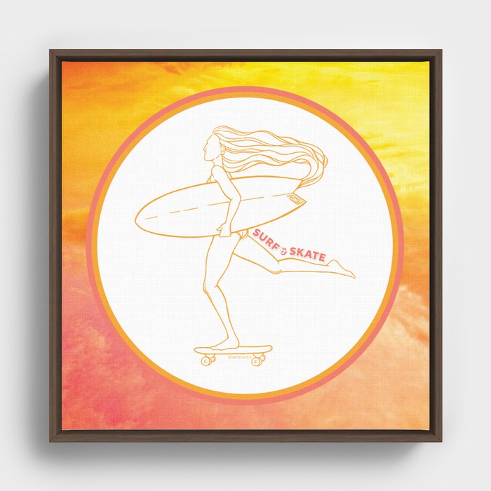 Surf Skate Cruise | California Skater Surfer Girl Design | Beach Inspired Artwork | Peach Orange Sun Aesthetic Framed Canvas
