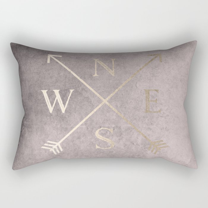 Gold on Pink Blush Distressed Compass Adventure Design Rectangular Pillow