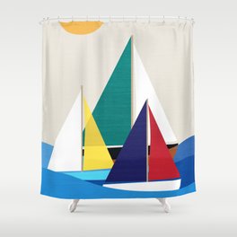 Colorful sailboats Shower Curtain | Digital, Lake, Sailors, Minimalism, Sailrace, Color, Yacht, Sea, Seascape, Illustartion 