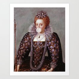 Queen Elizabeth I with signature pearls blowing white bubble gum Art Print