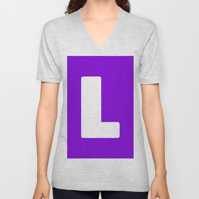 L (White & Violet Letter) V Neck T Shirt