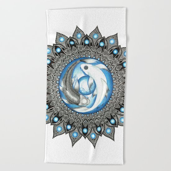 Yin and Yang Butterfly Koi Fish Mandala Beach Towel