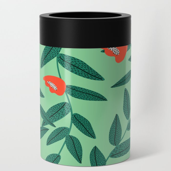 Green And Orange Tulip Pattern,Green And Orange Floral Retro Pattern,Orange Tulip Floral Pattern, Can Cooler