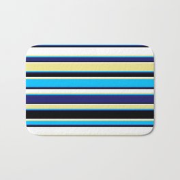 [ Thumbnail: Tan, Deep Sky Blue, Midnight Blue, Black & White Colored Lines Pattern Bath Mat ]