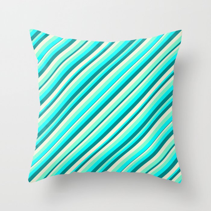 Aquamarine, Cyan, Dark Cyan, and Beige Colored Lined/Striped Pattern Throw Pillow