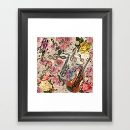 Vintage pink bohemian roses classical notes musical instruments Framed Art Print