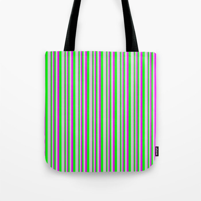 Fuchsia, Lime, and Light Grey Colored Lined/Striped Pattern Tote Bag