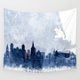 Christchurch Skyline & Map Watercolor Navy Blue, Print by Zouzounio Art Wall Tapestry
