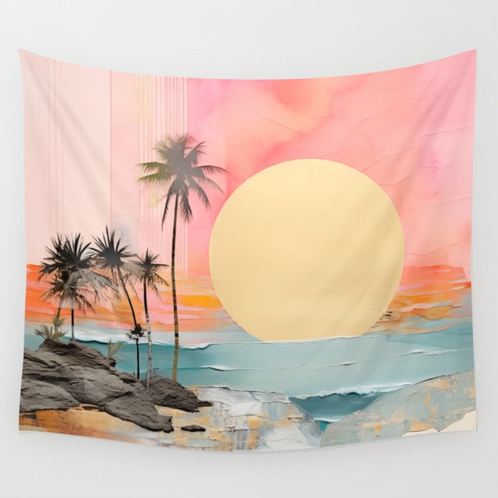 Summer Sunset - Beach and Palm Tree Ocean Collage Wall Tapestry
