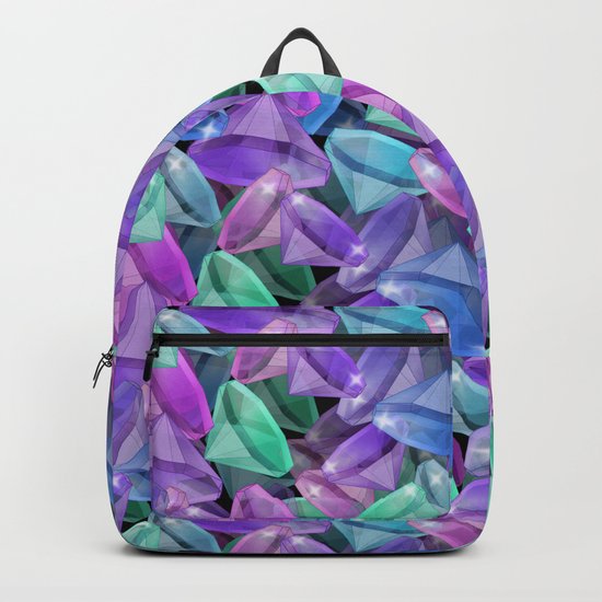 Placer precious stones Black background . Diamonds . Backpack
