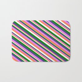 [ Thumbnail: Dark Slate Blue, Violet, Coral, White, and Green Colored Lined/Striped Pattern Bath Mat ]