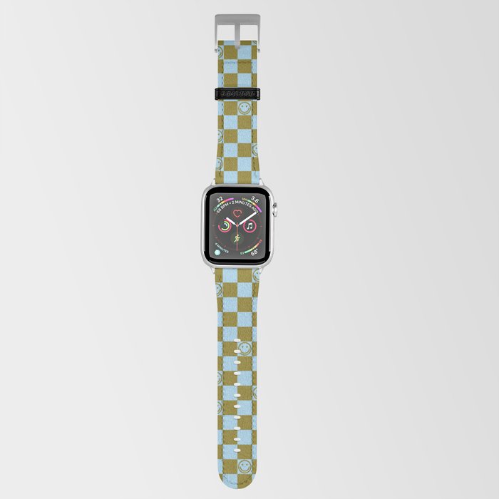 Checkered Smiley Faces \\ Autumn Grass Color & Pastel Blue Apple Watch Band
