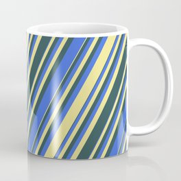 [ Thumbnail: Dark Slate Gray, Royal Blue, and Tan Colored Lined/Striped Pattern Coffee Mug ]
