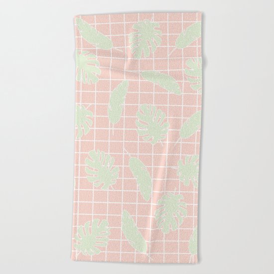 Graphic Tropical Leaves on Grid Pink and Mint Green Beach Towel