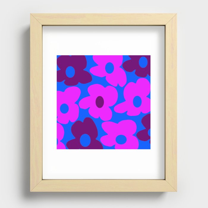 Large Pink and Purple Retro Flowers Blue Background #decor #society6 #buyart Recessed Framed Print