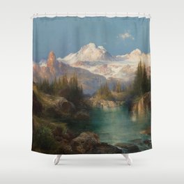 Snow-capped Rocky Mountains landscape painting by Thomas Moran Shower Curtain