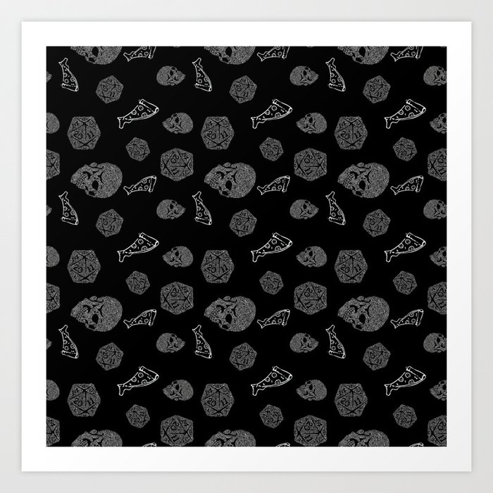 Game Night - repeating pattern nerdy d20 skull pizza Art Print