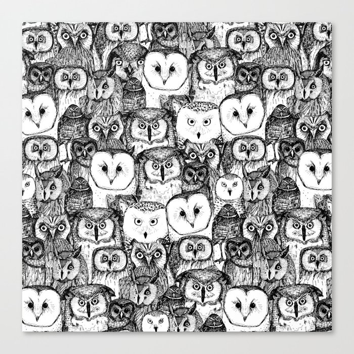 Just Owls Black White Canvas Print By Sharonturner